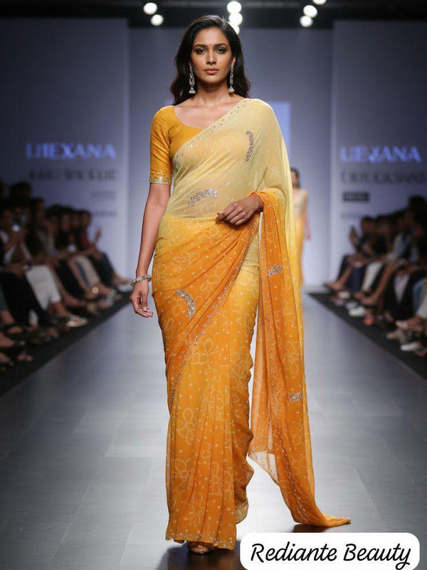 Golden Saffron Bandhani Georgette Saree – Silver Cut Dana & Beaded Leaf Detailing