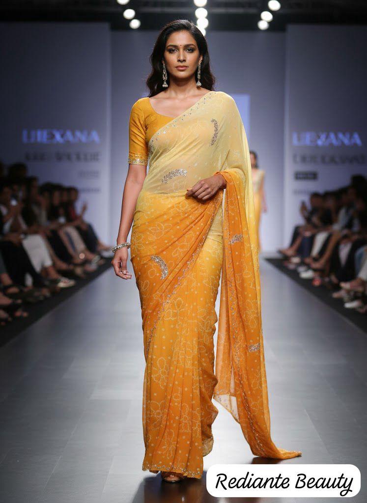 Golden Saffron Bandhani Georgette Saree – Silver Cut Dana & Beaded Leaf Detailing