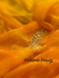 Golden Saffron Bandhani Georgette Saree – Silver Cut Dana & Beaded Leaf Detailing