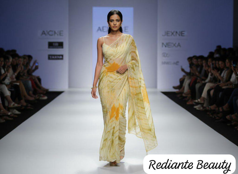 Olive Yellow Silk Georgette Tie-Dye Saree – Golden & Silver Leaf Embellishments