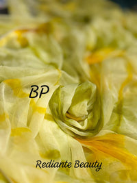 Olive Yellow Silk Georgette Tie-Dye Saree – Golden & Silver Leaf Embellishments