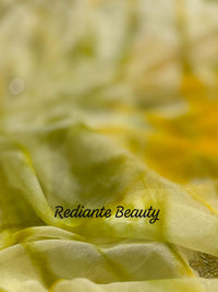 Olive Yellow Silk Georgette Tie-Dye Saree – Golden & Silver Leaf Embellishments