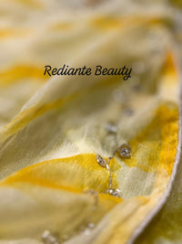 Olive Yellow Silk Georgette Tie-Dye Saree – Golden & Silver Leaf Embellishments
