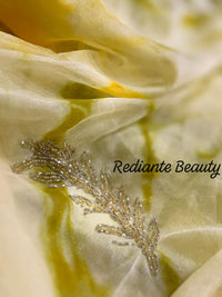 Olive Yellow Silk Georgette Tie-Dye Saree – Golden & Silver Leaf Embellishments