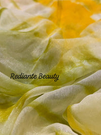 Olive Yellow Silk Georgette Tie-Dye Saree – Golden & Silver Leaf Embellishments
