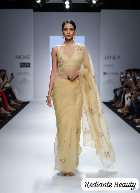 Light Yellow Chiffon Saree – Golden Dawn Florals