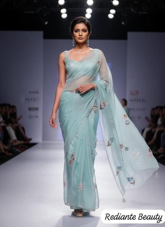 Sea Green Chiffon Saree – Aqua Garden Blossom