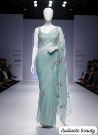 Sea Green Chiffon Saree – Aqua Garden Blossom
