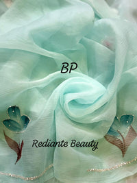 Sea Green Chiffon Saree – Aqua Garden Blossom