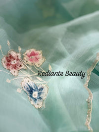 Sea Green Chiffon Saree – Aqua Garden Blossom