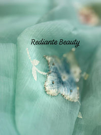 Sea Green Chiffon Saree – Aqua Garden Blossom