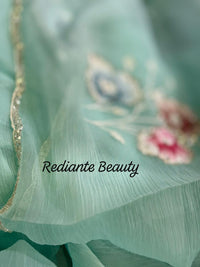 Sea Green Chiffon Saree – Aqua Garden Blossom