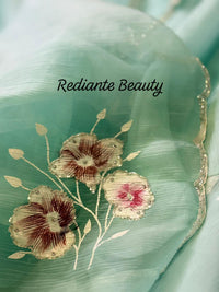 Sea Green Chiffon Saree – Aqua Garden Blossom