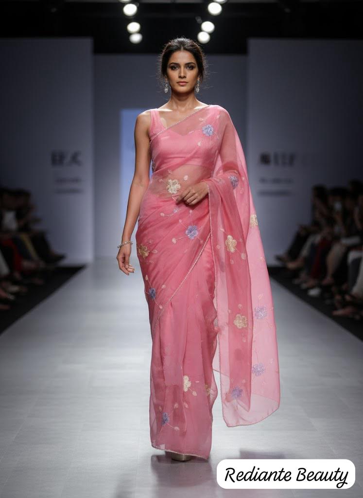 Coral Pink Chiffon Saree – Evening Blush Fantasy