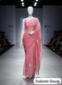 Coral Pink Chiffon Saree – Evening Blush Fantasy