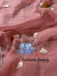 Coral Pink Chiffon Saree – Evening Blush Fantasy
