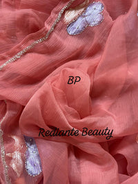 Coral Pink Chiffon Saree – Evening Blush Fantasy