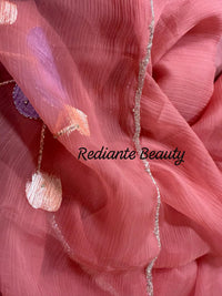 Coral Pink Chiffon Saree – Evening Blush Fantasy