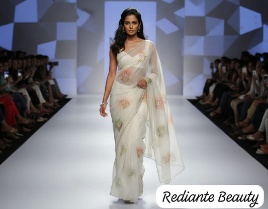 White Chiffon Saree – Earth Whisper Bloom