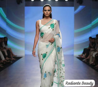 White Chiffon Saree – Aqua Blossom Serenity