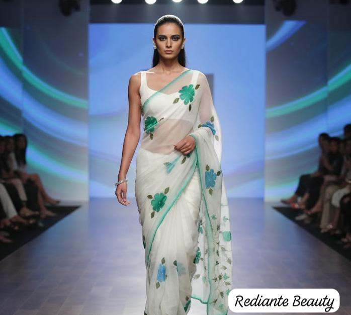 White Chiffon Saree – Aqua Blossom Serenity