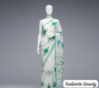 White Chiffon Saree – Aqua Blossom Serenity