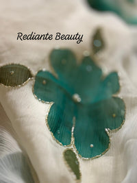 White Chiffon Saree – Aqua Blossom Serenity