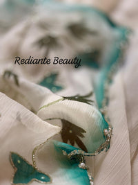 White Chiffon Saree – Aqua Blossom Serenity