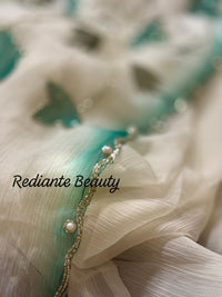 White Chiffon Saree – Aqua Blossom Serenity