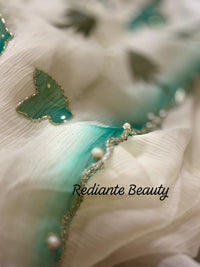 White Chiffon Saree – Aqua Blossom Serenity