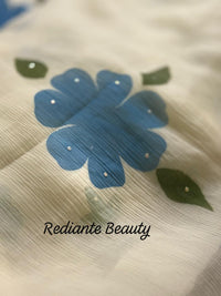 White Chiffon Saree – Aqua Blossom Serenity