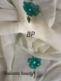 White Chiffon Saree – Aqua Blossom Serenity