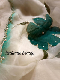 White Chiffon Saree – Aqua Blossom Serenity