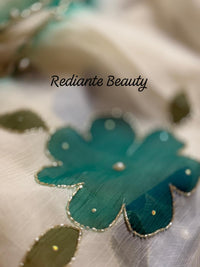 White Chiffon Saree – Aqua Blossom Serenity