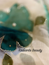 White Chiffon Saree – Aqua Blossom Serenity