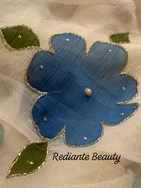 White Chiffon Saree – Aqua Blossom Serenity