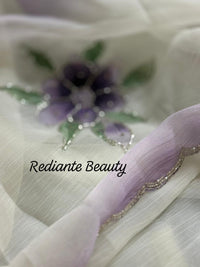 Off White Chiffon Saree – Lavender Bloom Serenity
