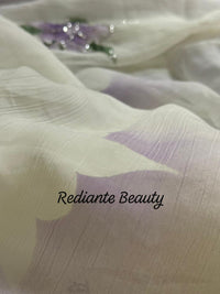 Off White Chiffon Saree – Lavender Bloom Serenity