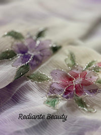 Off White Chiffon Saree – Lavender Bloom Serenity