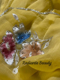 Mustard Yellow Chiffon Saree – Blooming Dew Elegance