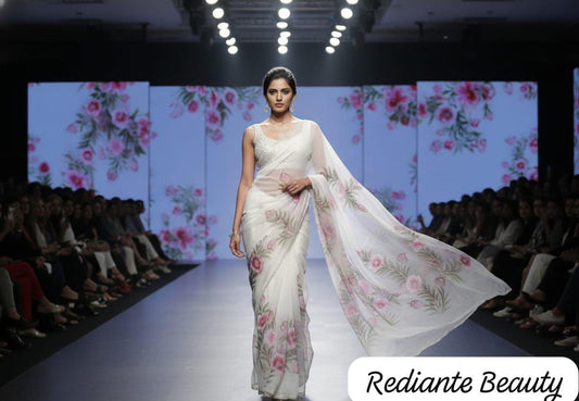 Off-White Chiffon Saree – Blush Petal Symphony