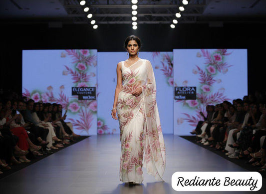 Off-White Chiffon Saree – Scarlet Bloom in Whispered Elegance