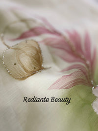 Off-White Chiffon Saree – Scarlet Bloom in Whispered Elegance