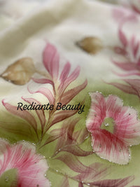 Off-White Chiffon Saree – Scarlet Bloom in Whispered Elegance