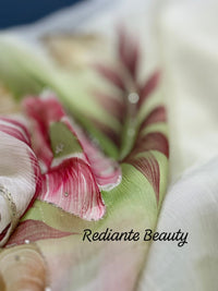 Off-White Chiffon Saree – Scarlet Bloom in Whispered Elegance