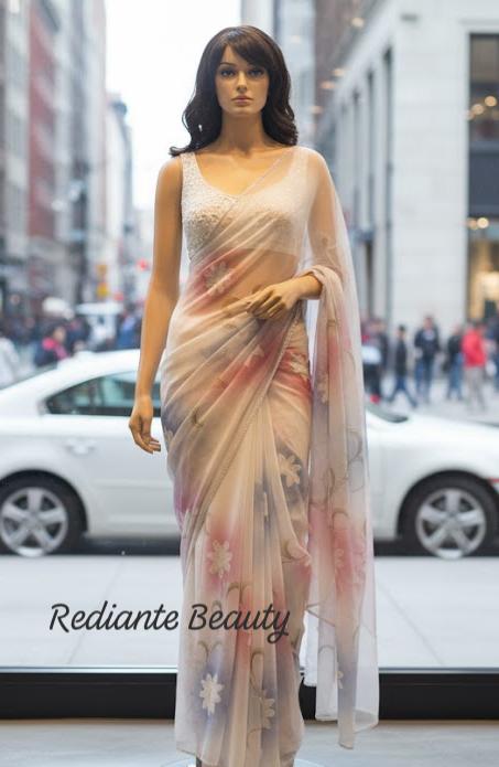 Off-White Chiffon Saree – Serenity Bloom in Pastel Symphony