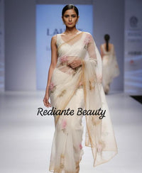 Off-White Chiffon Saree – Blush Bloom Elegance with Swarovski Detailing