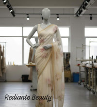 Off-White Chiffon Saree – Blush Bloom Elegance with Swarovski Detailing