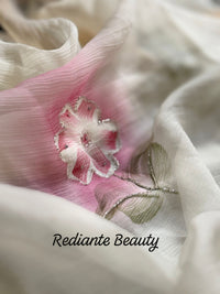 Off-White Chiffon Saree – Blush Bloom Elegance with Swarovski Detailing