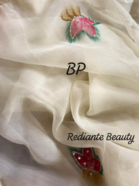 Off-White Chiffon Saree – Floral Whisper in Pastel Elegance